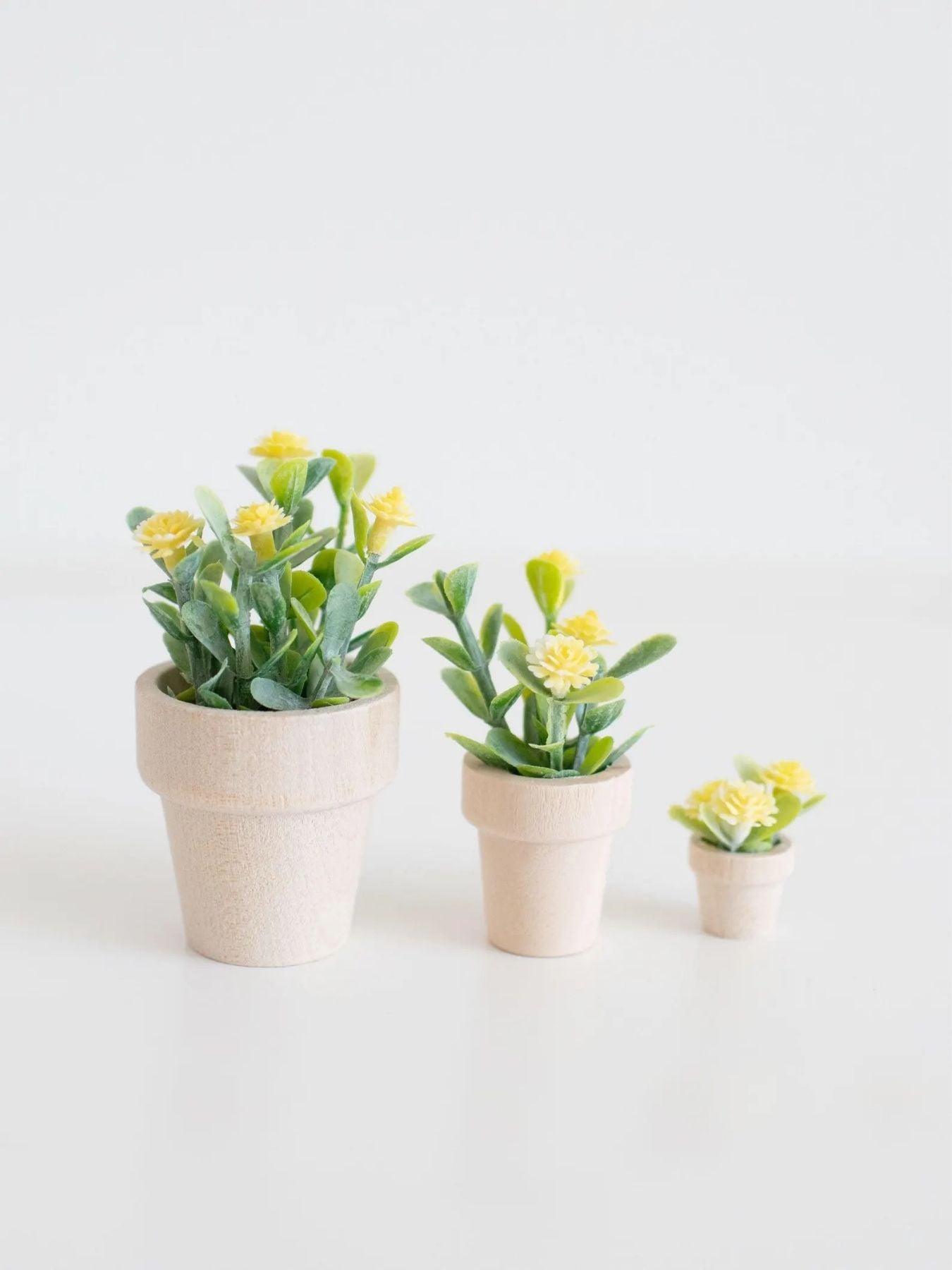 three sizes of dollhouse yellow flower potted plants on a white background