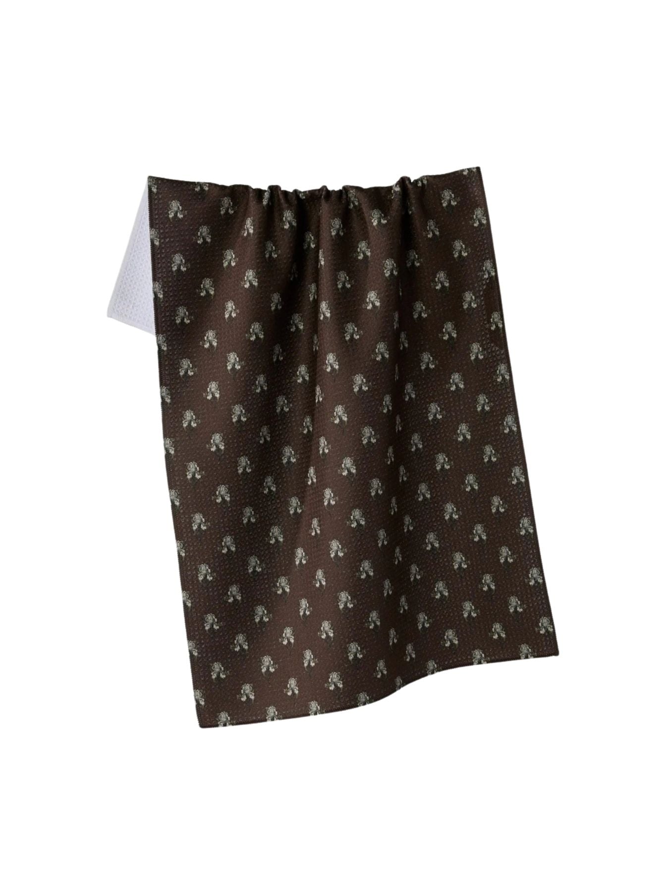 Brown Waffle kitchen towel with light flower details on white background