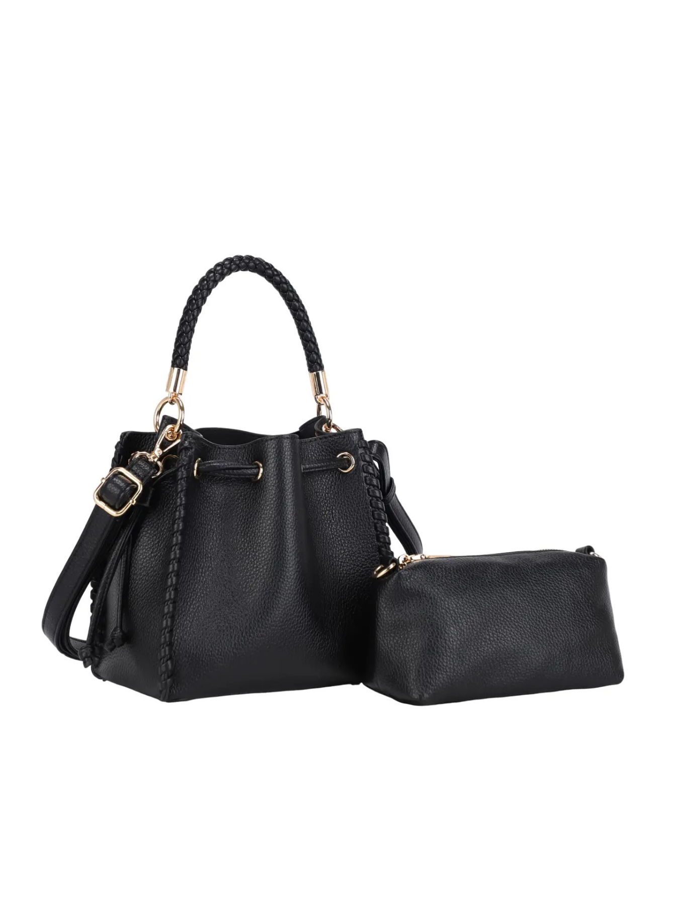 Bucket style bag with twist edge detail, top handle, detachable long strap, and removable zipper pouch.