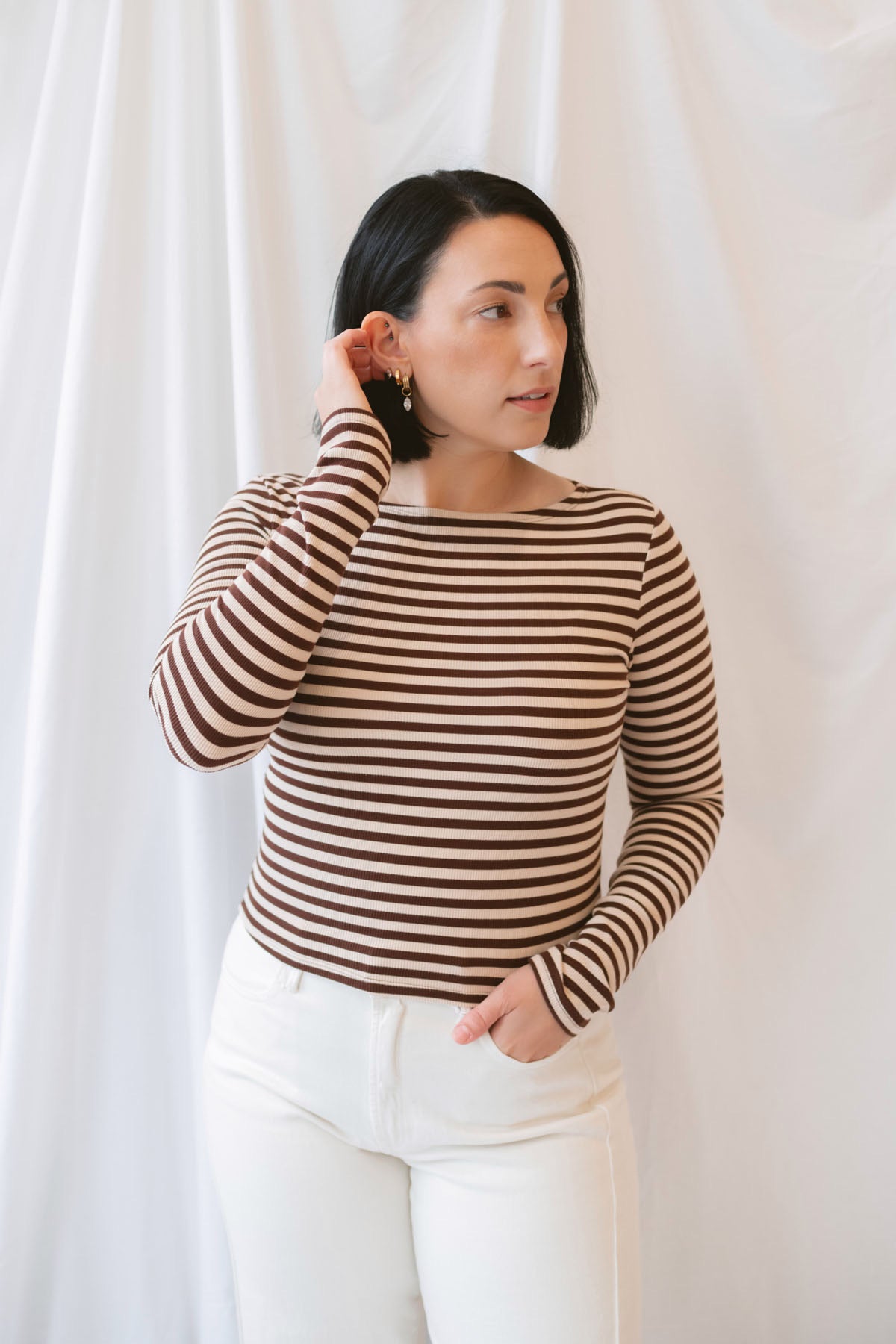 Nora Long Sleeve Boat Neck Stripe Brushed Rib Top in Brown and Khaki featuring a classic striped pattern, boat neckline, and ribbed texture.