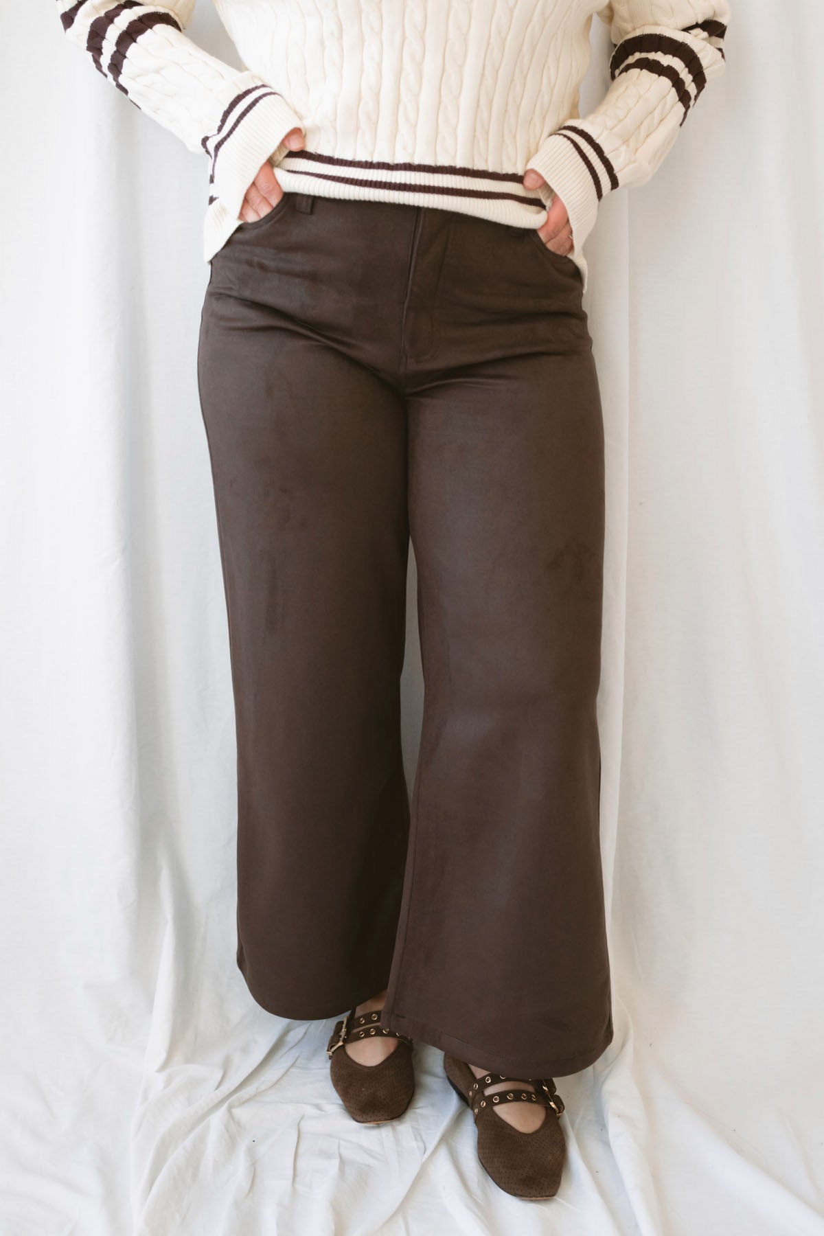 Mojave Coffee Bean brown suede finish wide leg pants with an elevated full-length silhouette.