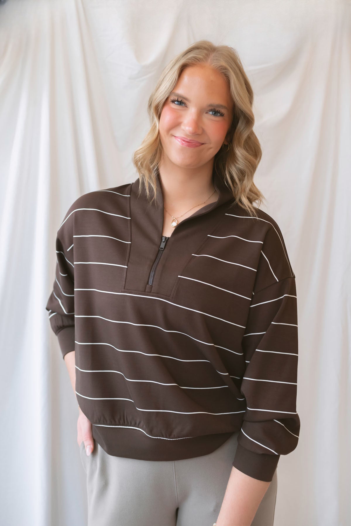Julia Modal Butter Soft Stripe V-Neck Jacket in Espresso and Cream featuring a classic striped pattern and versatile layering design. Copy