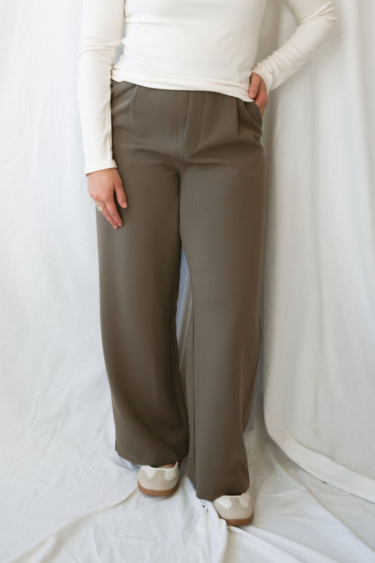 Taylor Jacquard Ribbed District Tailored Trousers in Truffle brown, featuring textured ribbed fabric and a tailored-inspired silhouette for women's casual outfits.
