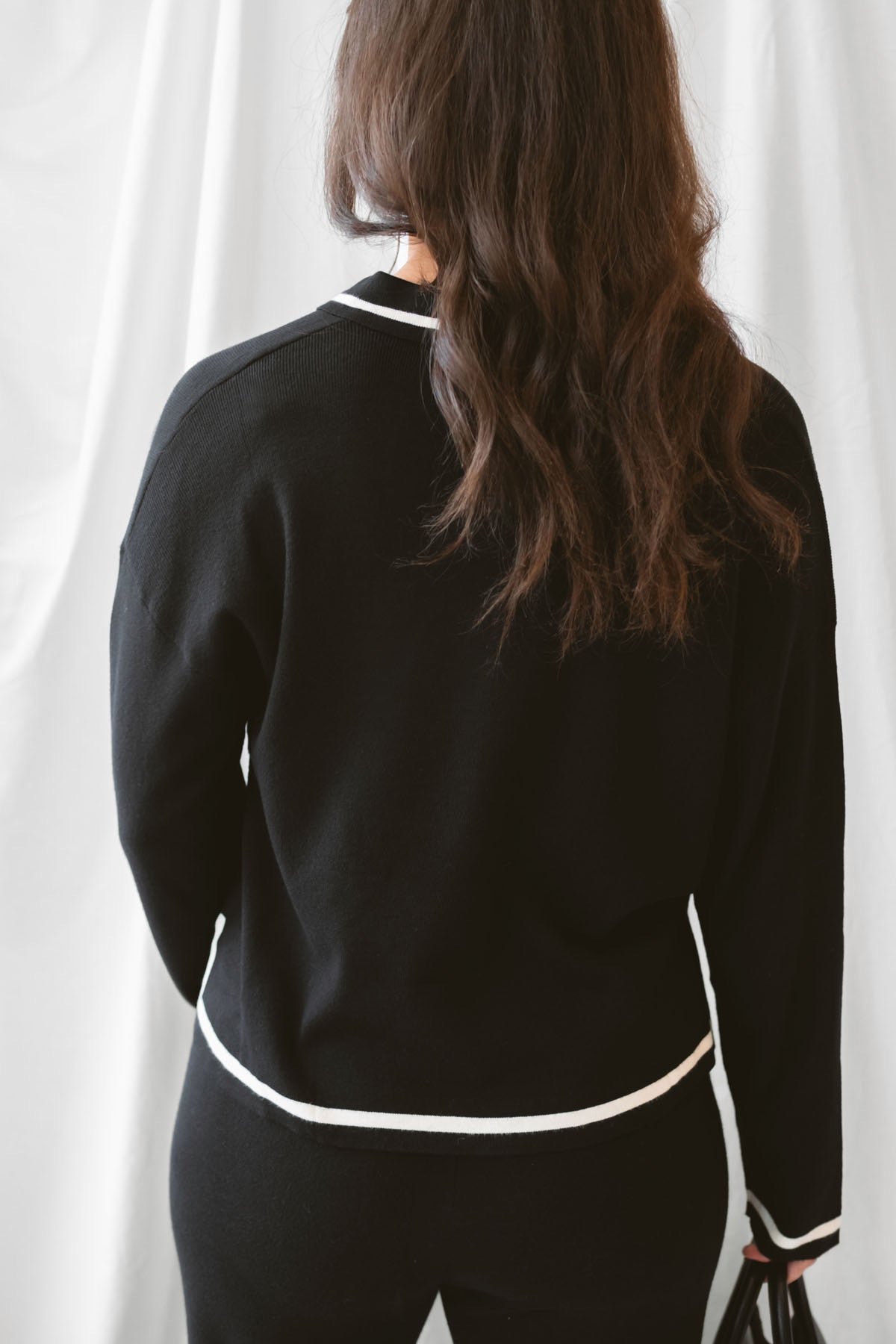 Laura Black Contrast Stripe Trim Collar Knit Sweater and Pants Set featuring a collared sweater and coordinating knit pants with contrasting stripe details.