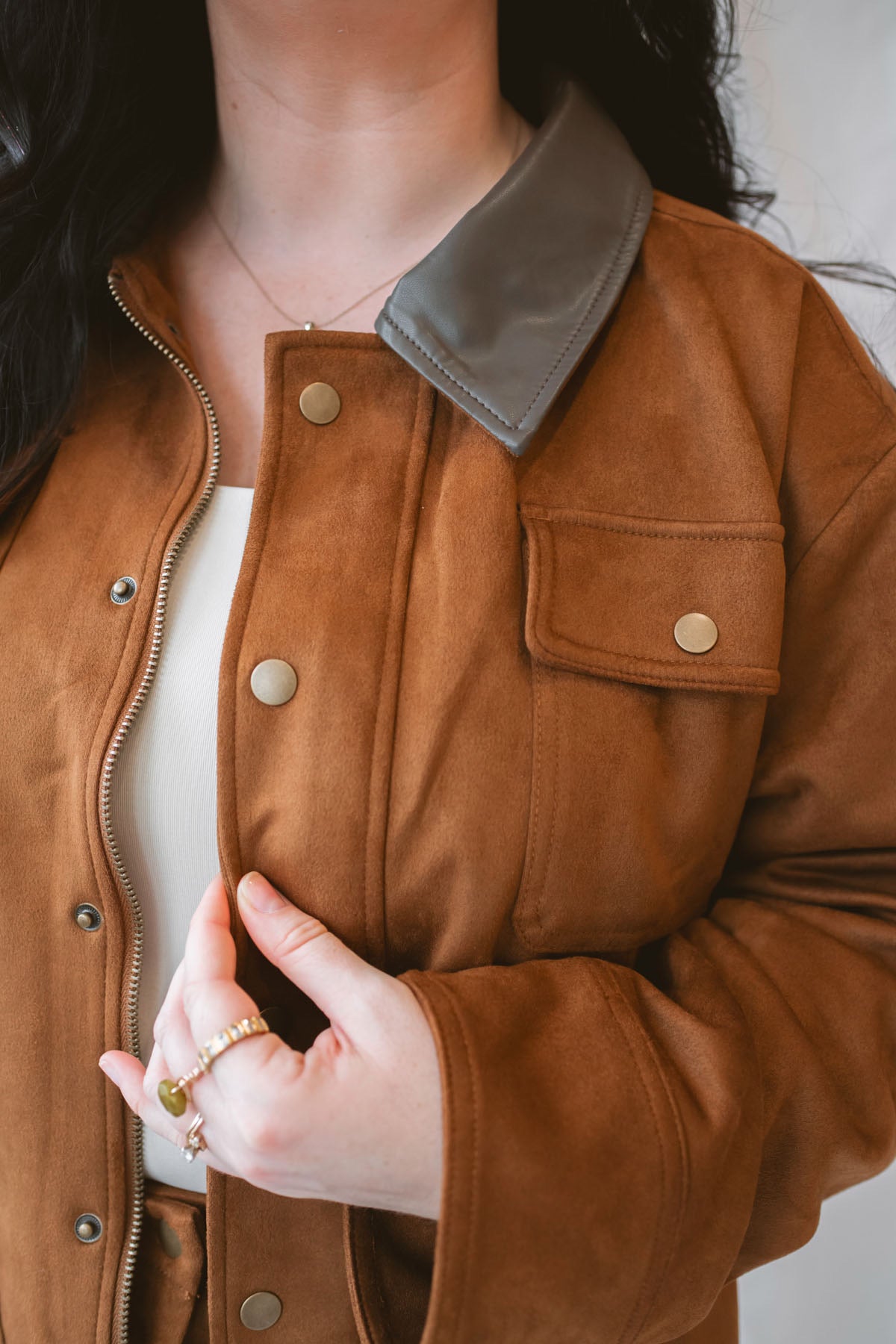 Rosalie Suede Jacket in Cognac featuring a contrasting faux leather collar and snap-front closure.