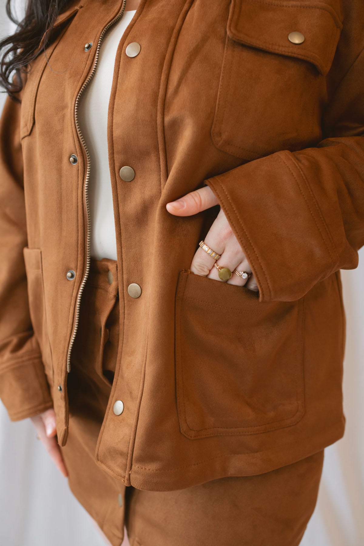 Rosalie Suede Jacket in Cognac featuring a contrasting faux leather collar and snap-front closure.