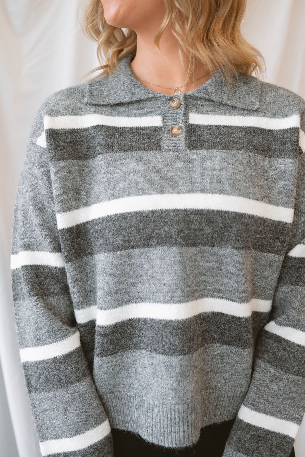 Zoey Striped Knit Collar Neckline Pullover Cropped Sweater Top in Charcoal Multi featuring a classic striped pattern and collared neckline.