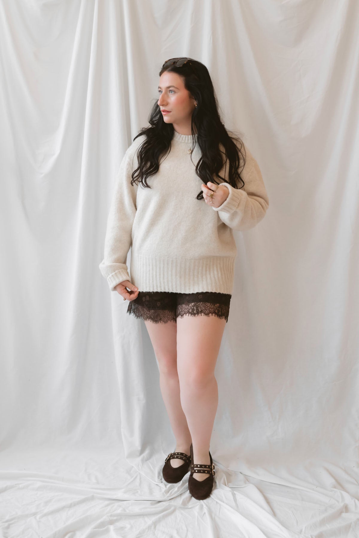 Autumn Waistband Lace Trim Hem Satin Shorts in brown with a smooth satin finish and delicate lace trim along the hem.