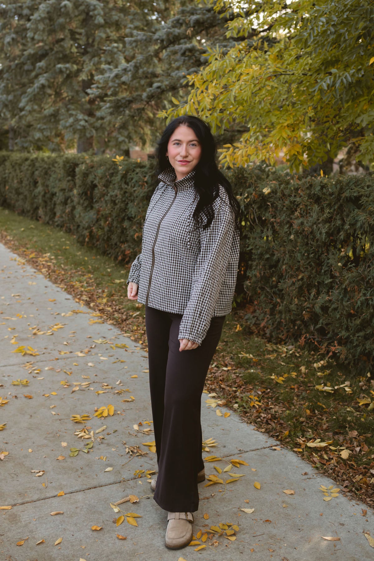 Lainey brown multi checkered hooded zip-up jacket with a relaxed everyday fit.