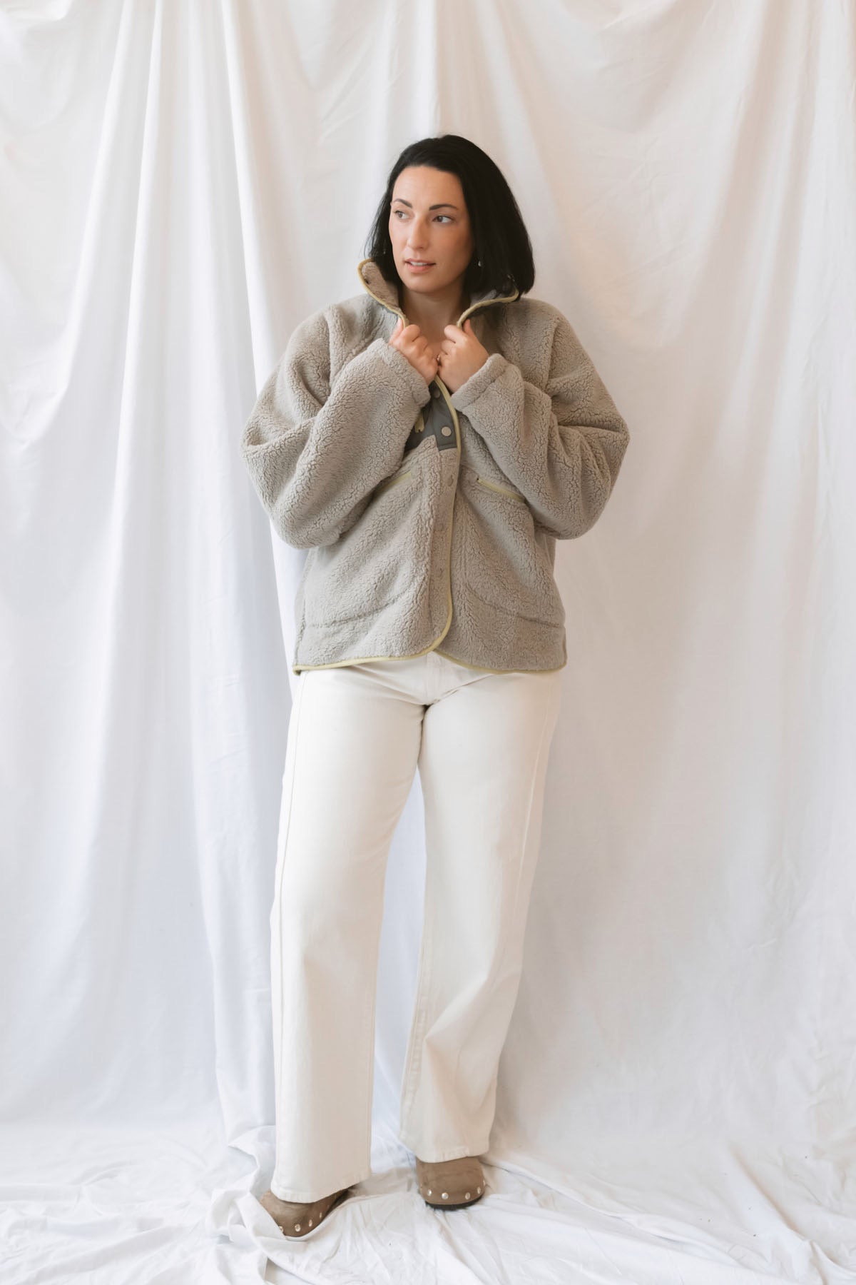 Camila Sherpa Button Up Jacket in Stone Taupe featuring a cozy textured finish and classic button-front design.