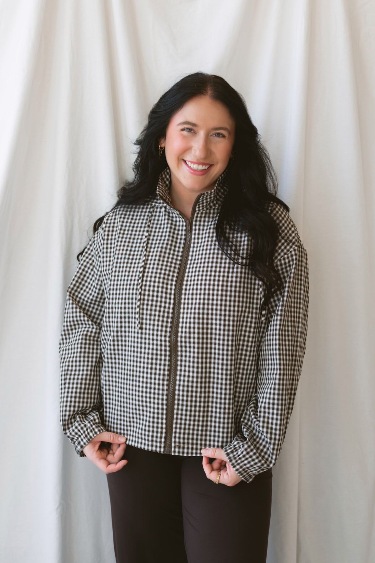 Lainey brown multi checkered hooded zip-up jacket with a relaxed everyday fit.