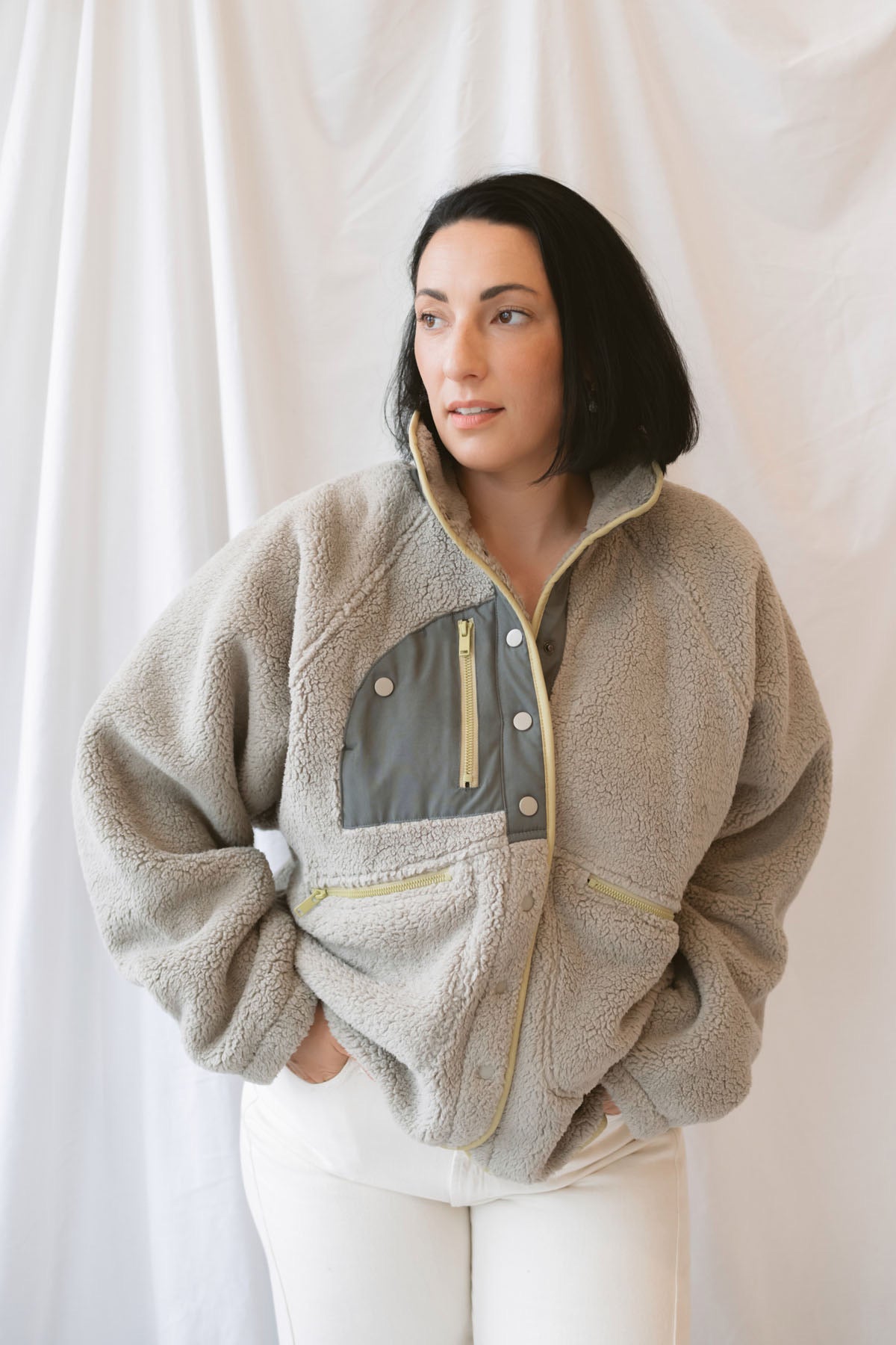 Camila Sherpa Button Up Jacket in Stone Taupe featuring a cozy textured finish and classic button-front design.