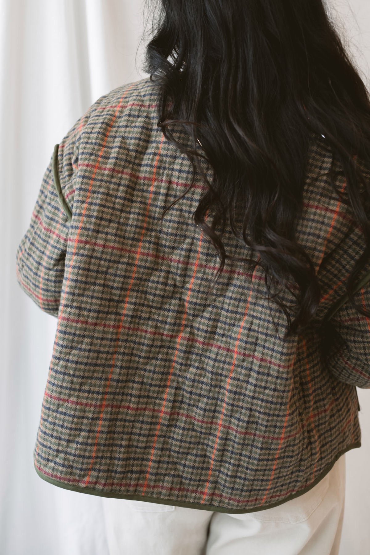 Kenzie Houndstooth Jacket in Olive Multi featuring an olive-toned houndstooth pattern and contrasting binding.