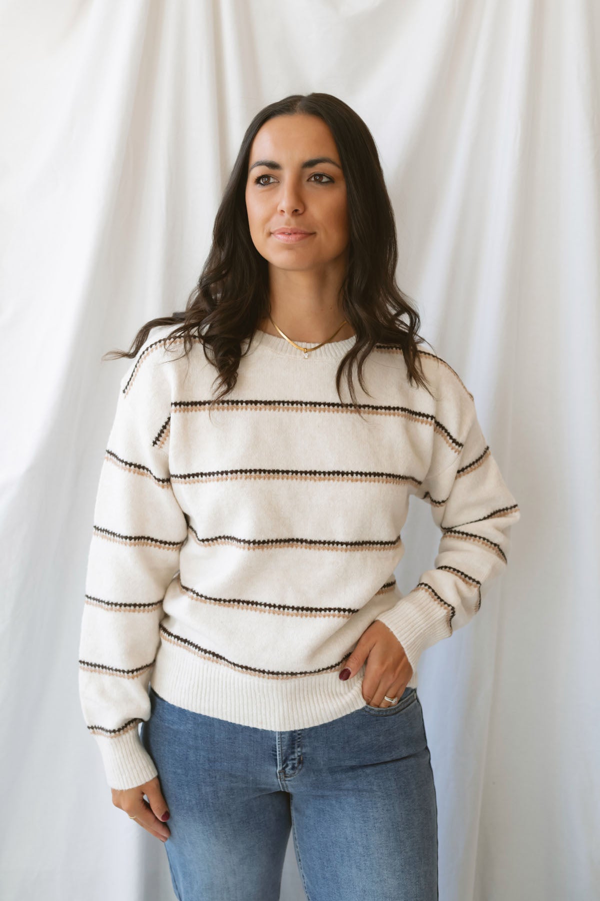 Winona oatmeal striped crew neck sweater with long sleeves and a classic knit design.
