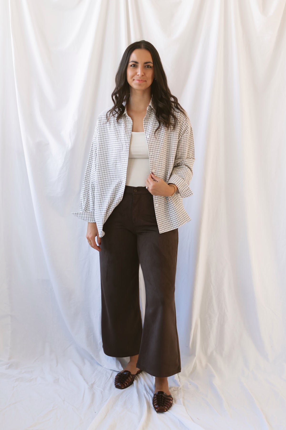 Eloise oversized black and ivory check shirt with a relaxed button-front silhouette.