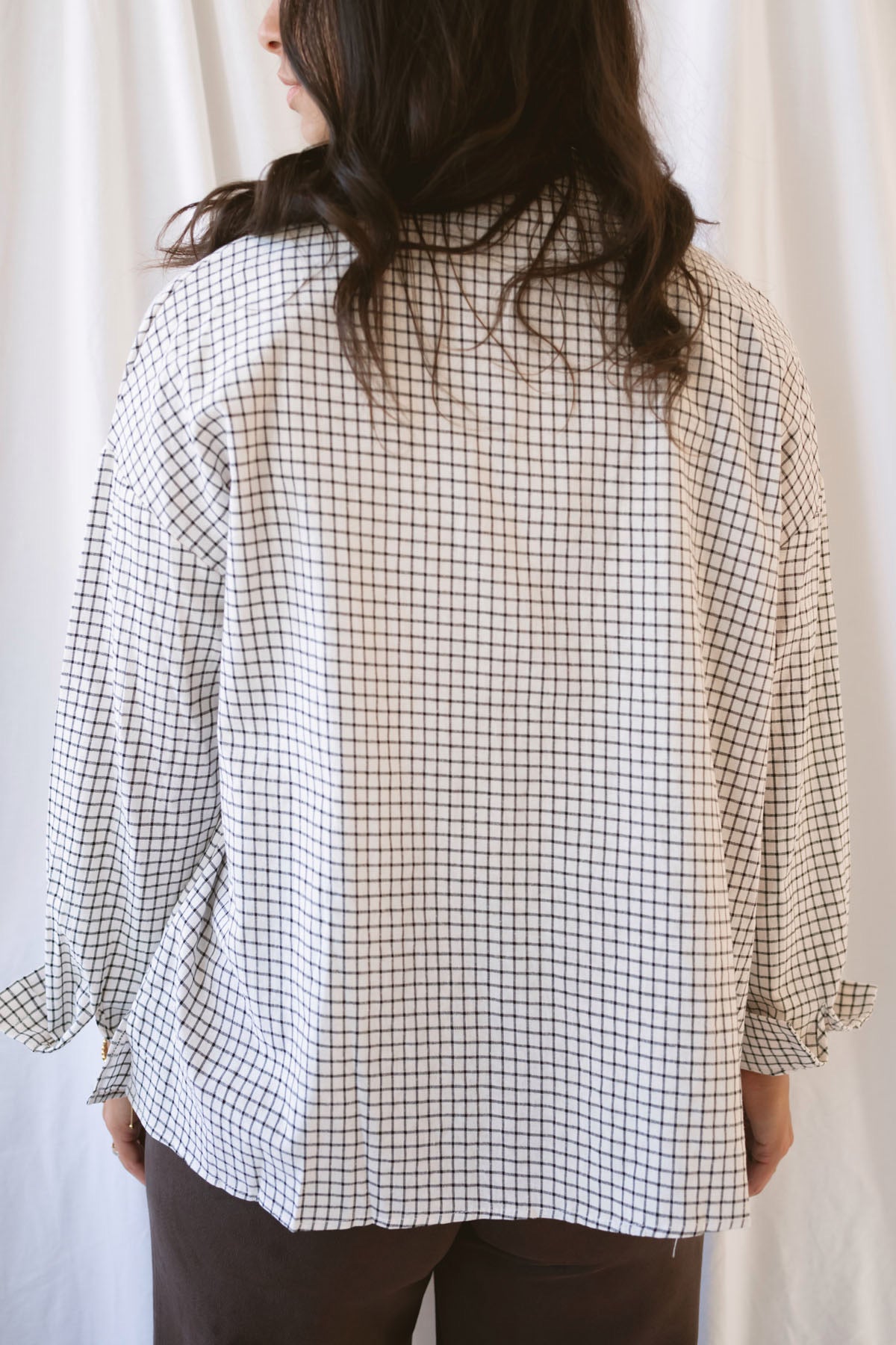 Eloise oversized black and ivory check shirt with a relaxed button-front silhouette.