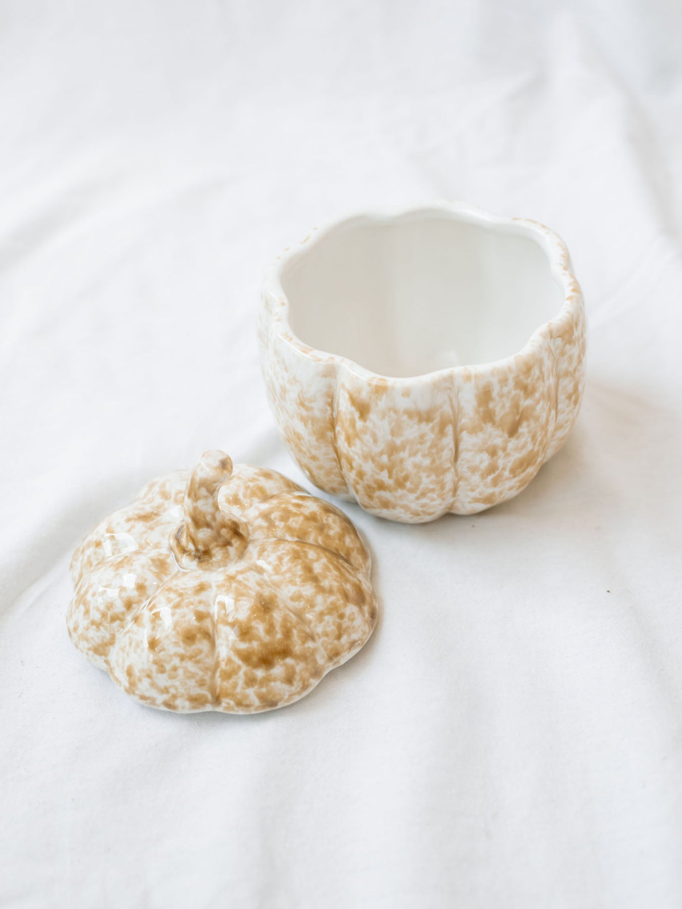 Stoneware pumpkin shaped jar with lid sitting next to it so you can see inside the container.