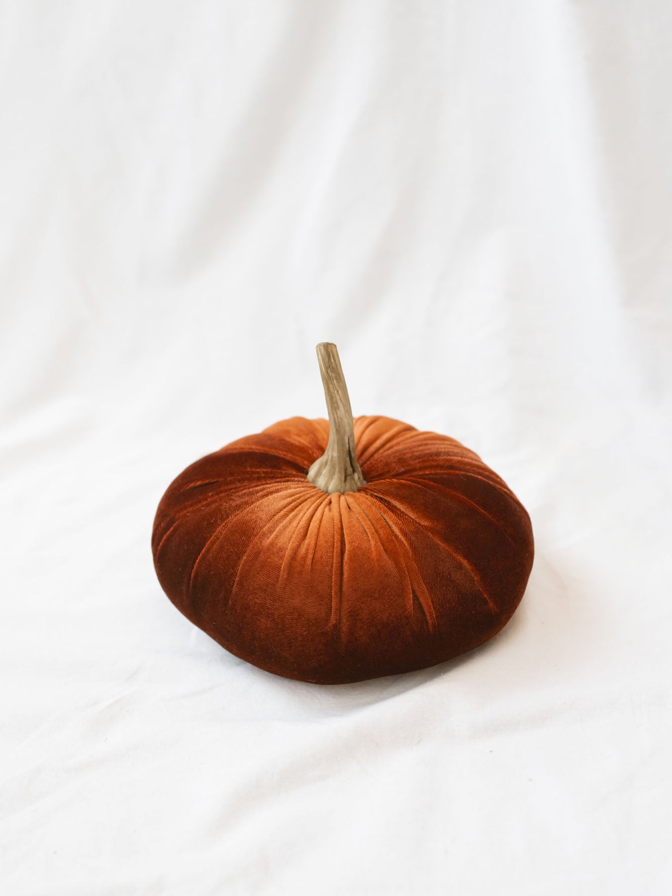 Rust color of the velvet pumpkins sitting on the white linen backdrop.