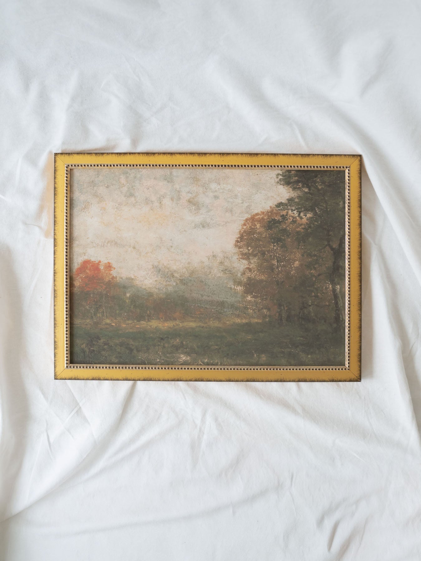 A richly atmospheric landscape featuring an open meadow framed by trees dressed in warm autumn hues. Soft light, layered textures, and painterly brushwork evoke the peaceful beauty and quiet elegance of the changing seasons.