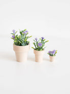 three sizes of dollhouse purple flower potted plants on a white background