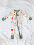 Soft bamboo pajama sleeper with farm day theme with chickens, tractor, barn, sheep, apple trees and apples. 