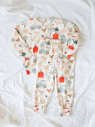 lounge set for babies and toddlers with farm days print. Laying on white linen background 