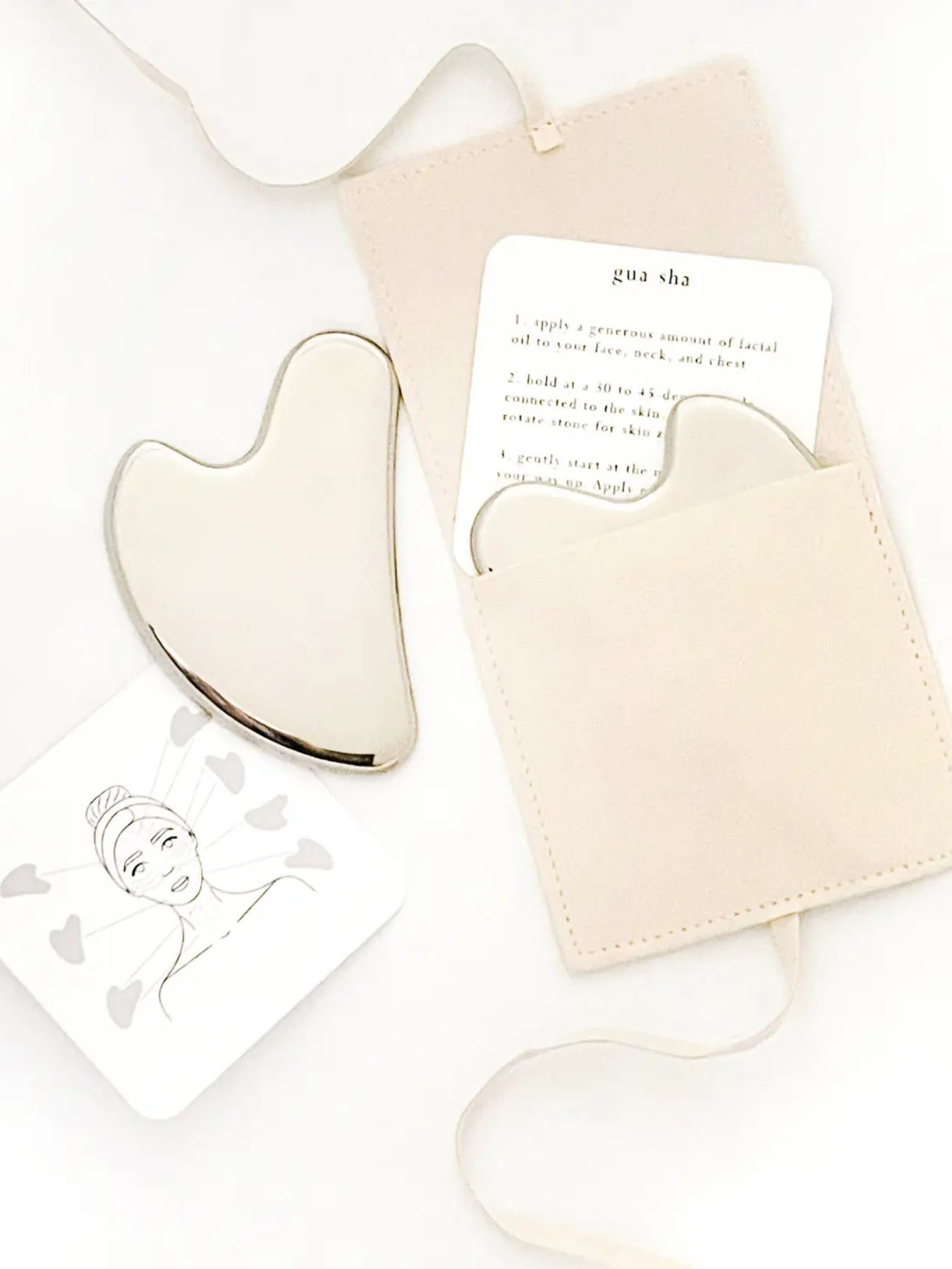 Gua sha can be used on the face to improve circulation, reduce puffiness, and potentially enhance skin elasticity. It may also promote lymphatic drainage which can help reduce swelling and fluid buildup. Stainless Steel.