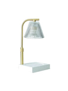 Candle Warmer with Gold, white, and glass detail in front of a white background