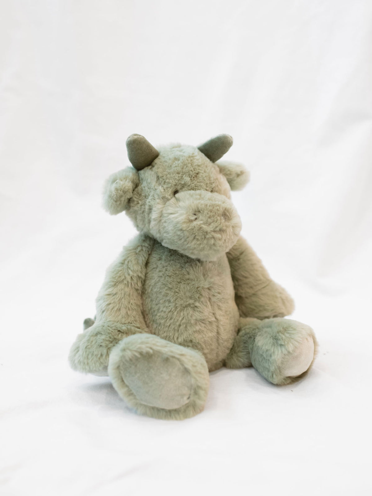 green plush dragon stuffed animal on white background 