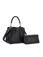 Bucket style bag with twist edge detail, top handle, detachable long strap, and removable zipper pouch.