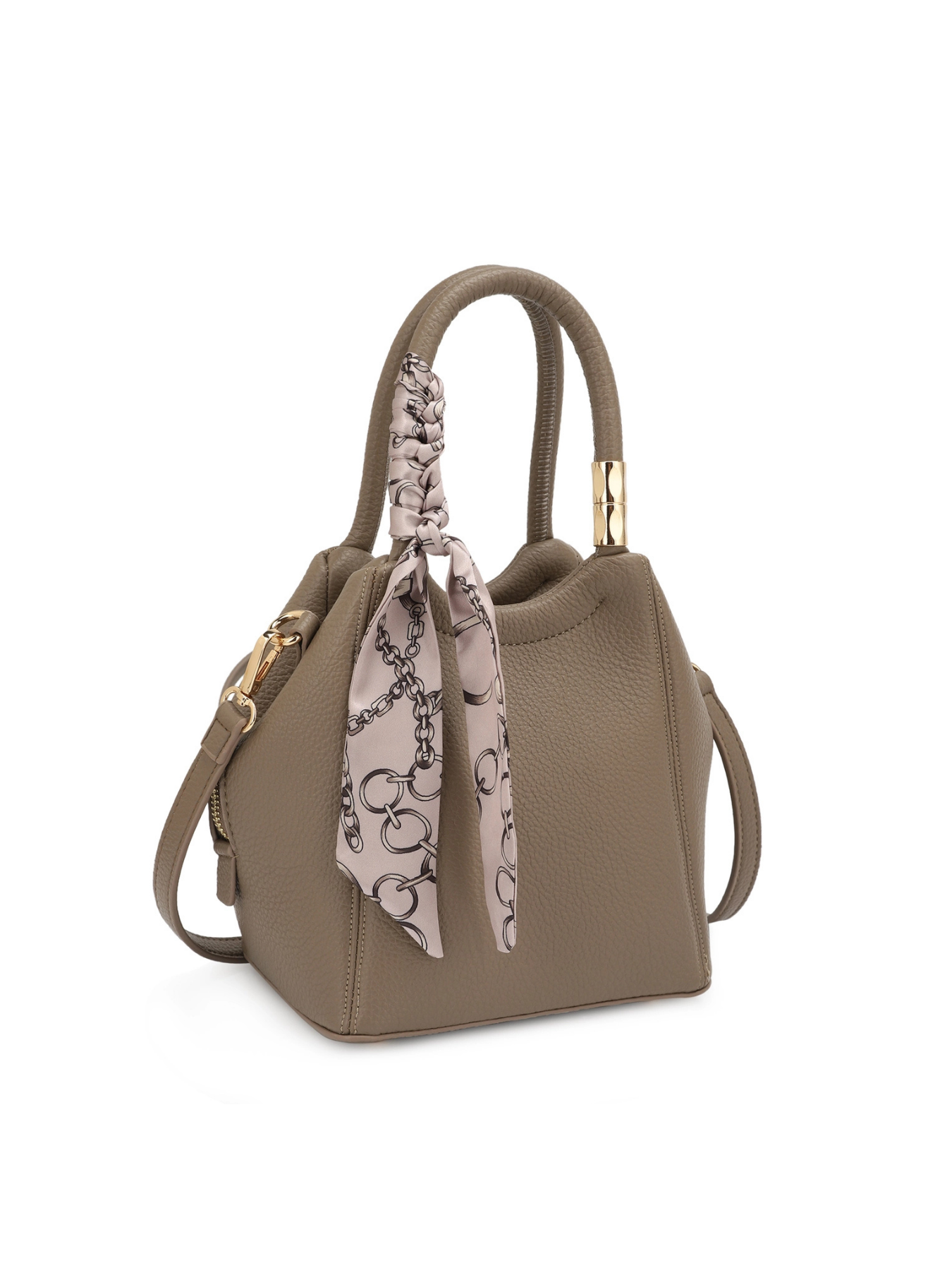 Earth taupe color bucket bag with scarf detail, zipper closure, top handle, and long detachable strap. 