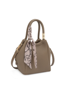 Earth taupe color bucket bag with scarf detail, zipper closure, top handle, and long detachable strap. 