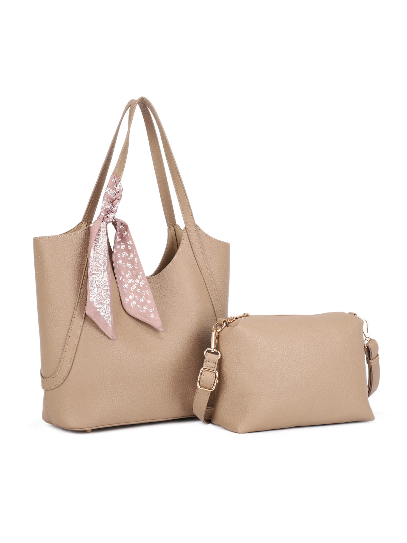 Tote bag with scarf detail and pouch style purse with long crossbody strap. 