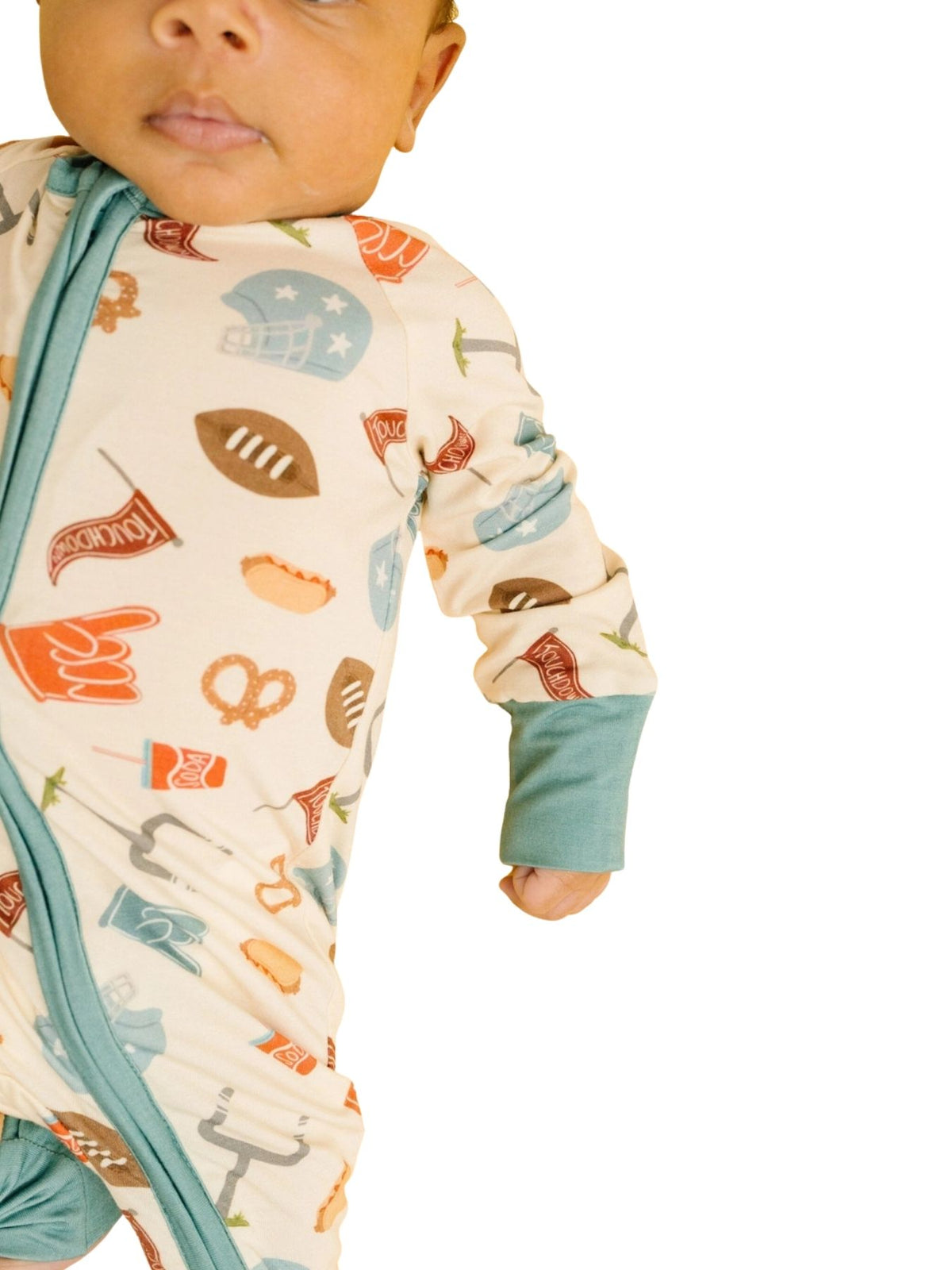 sleeper with the football theme that baby is wearing on a white background. 