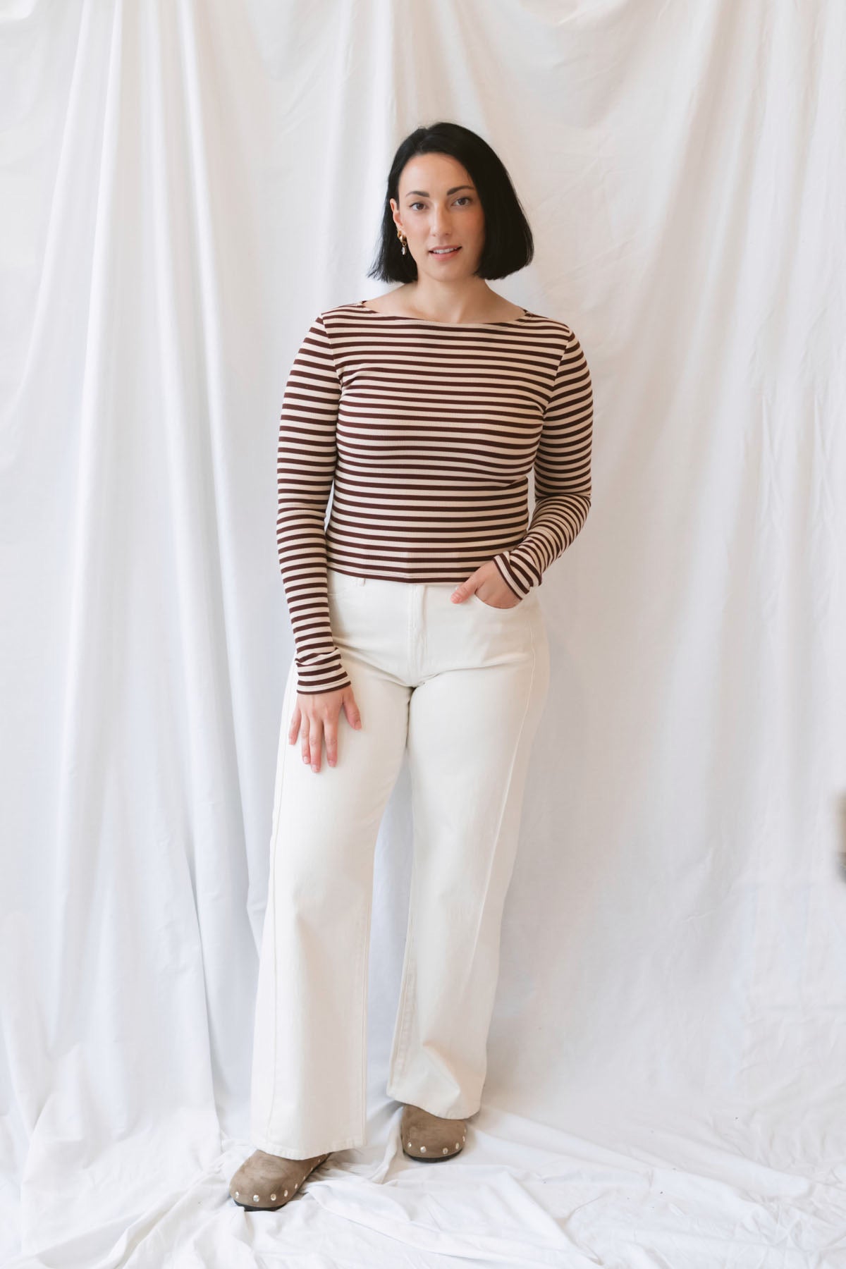 Nora Long Sleeve Boat Neck Stripe Brushed Rib Top in Brown and Khaki featuring a classic striped pattern, boat neckline, and ribbed texture.