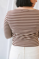 Nora Long Sleeve Boat Neck Stripe Brushed Rib Top in Brown and Khaki featuring a classic striped pattern, boat neckline, and ribbed texture.