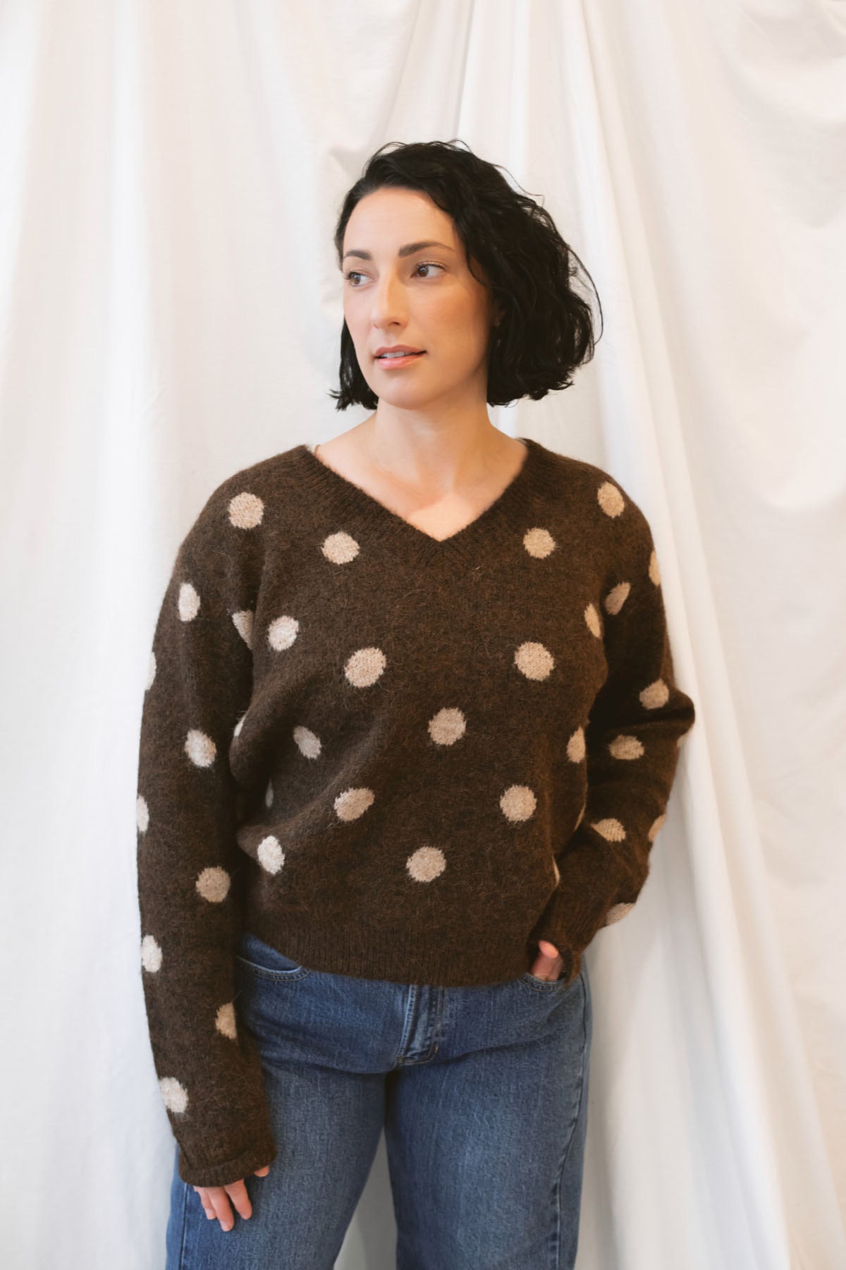 Chocolate brown long-sleeve V-neck knit sweater for women featuring contrasting polka dot detailing and a classic feminine silhouette for fall and winter styling.