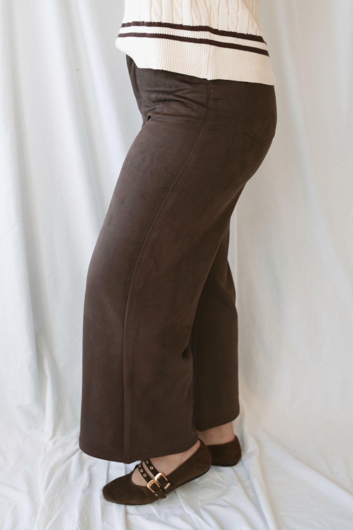 Mojave Coffee Bean brown suede finish wide leg pants with an elevated full-length silhouette.