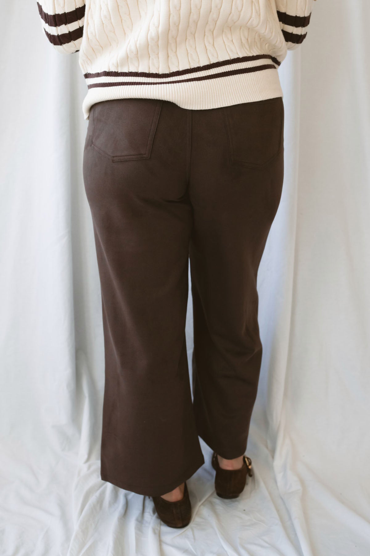 Mojave Coffee Bean brown suede finish wide leg pants with an elevated full-length silhouette.