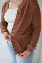 Close up view detailed few of the ribbed edges on the Becky open cardigan. 
