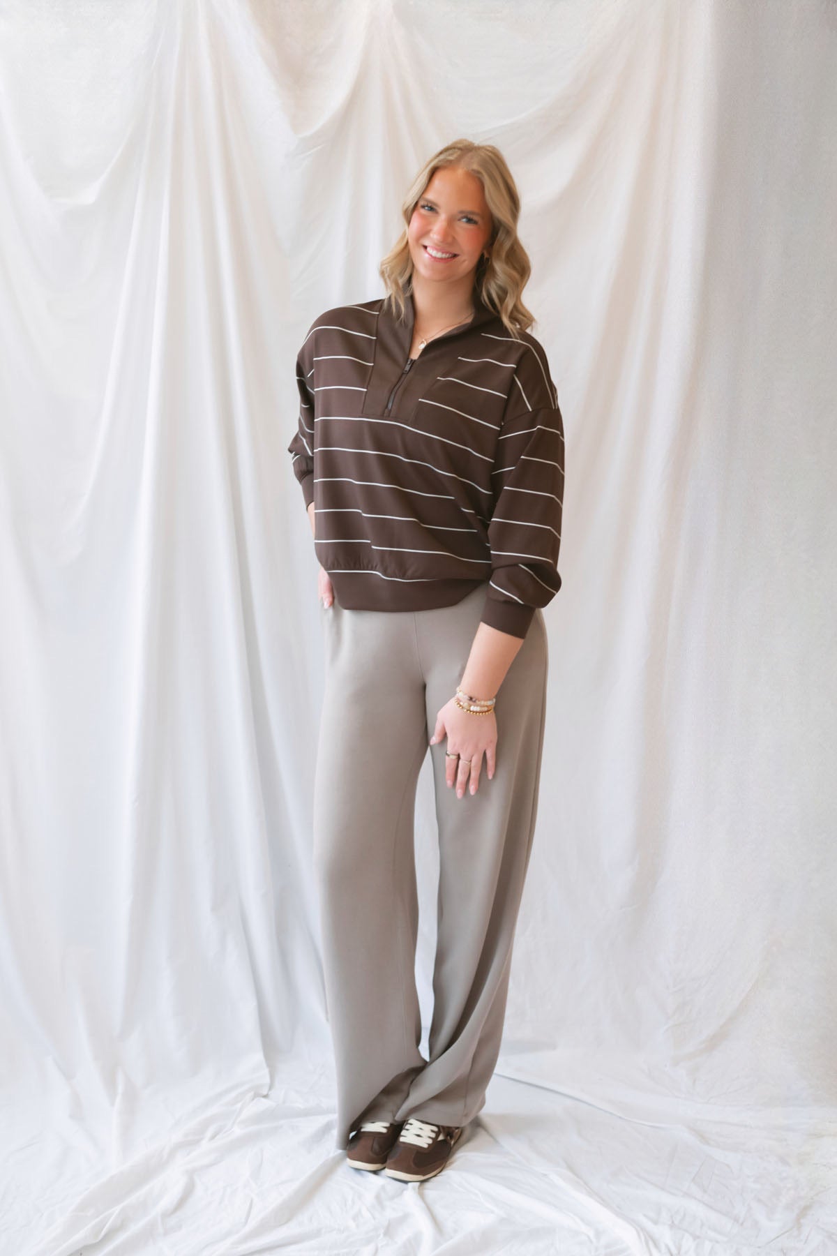 Julia Modal Butter Soft Stripe V-Neck Jacket in Espresso and Cream featuring a classic striped pattern and versatile layering design. Copy