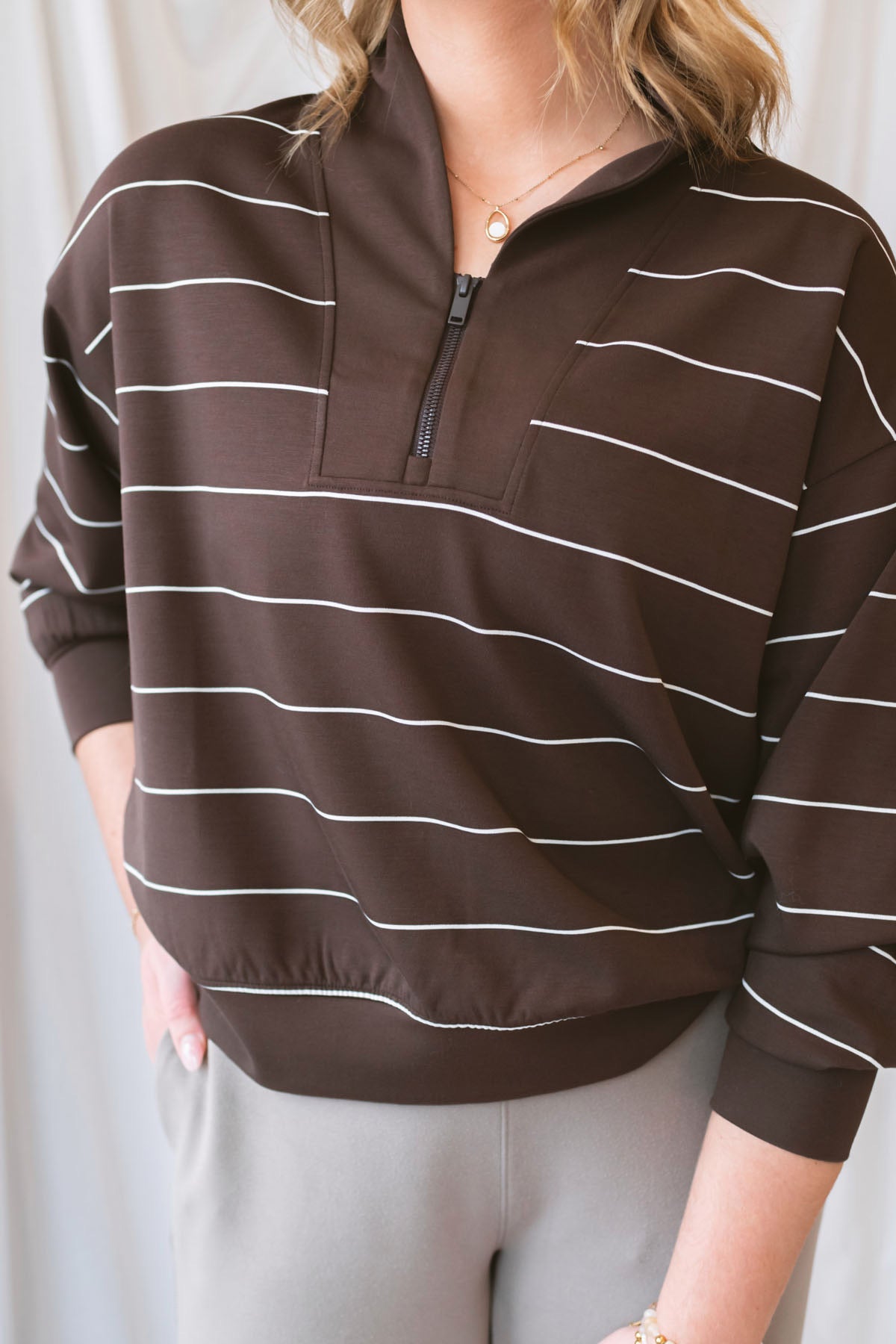 Julia Modal Butter Soft Stripe V-Neck Jacket in Espresso and Cream featuring a classic striped pattern and versatile layering design. Copy