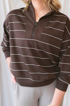 Julia Modal Butter Soft Stripe V-Neck Jacket in Espresso and Cream featuring a classic striped pattern and versatile layering design. Copy