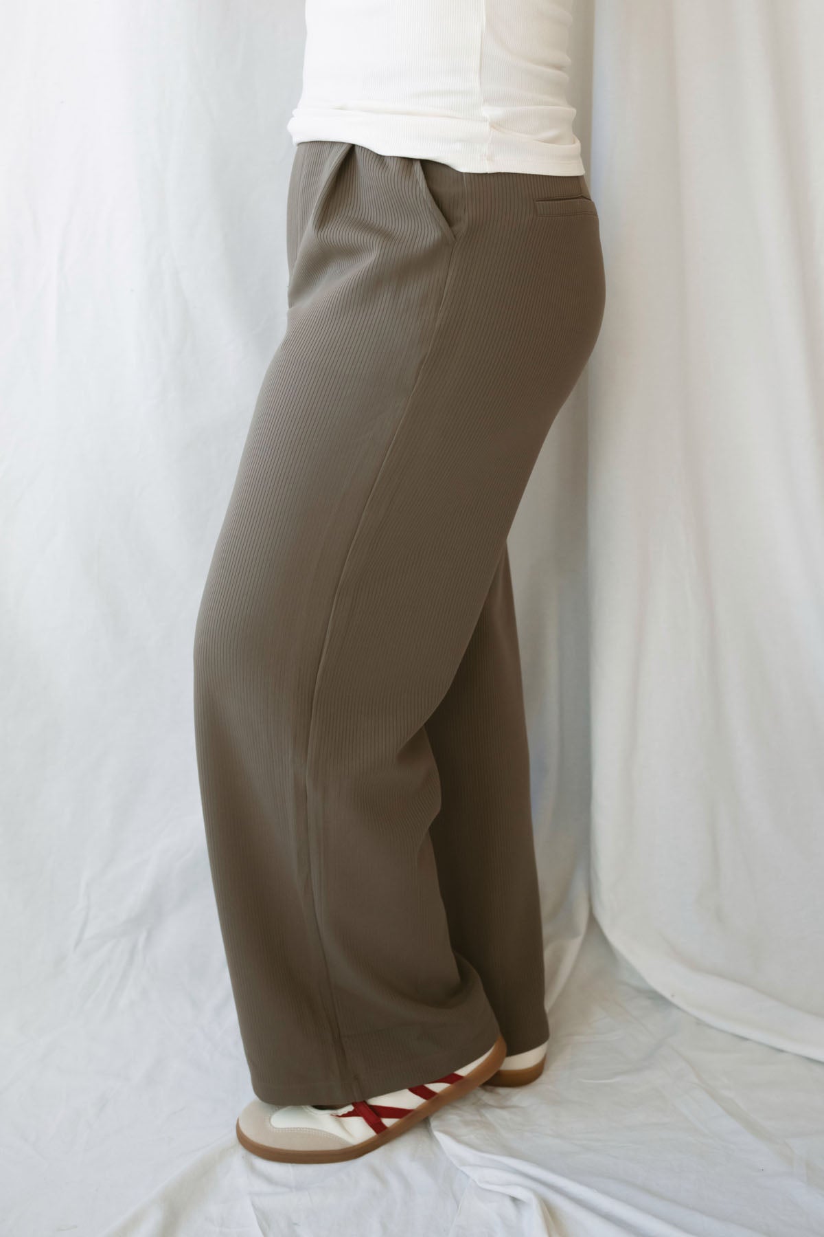 Taylor Jacquard Ribbed District Tailored Trousers in Truffle brown, featuring textured ribbed fabric and a tailored-inspired silhouette for women's casual outfits.