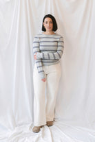 Stacy women's top in Grey Multi Stripe featuring a neutral striped pattern in grey tones.