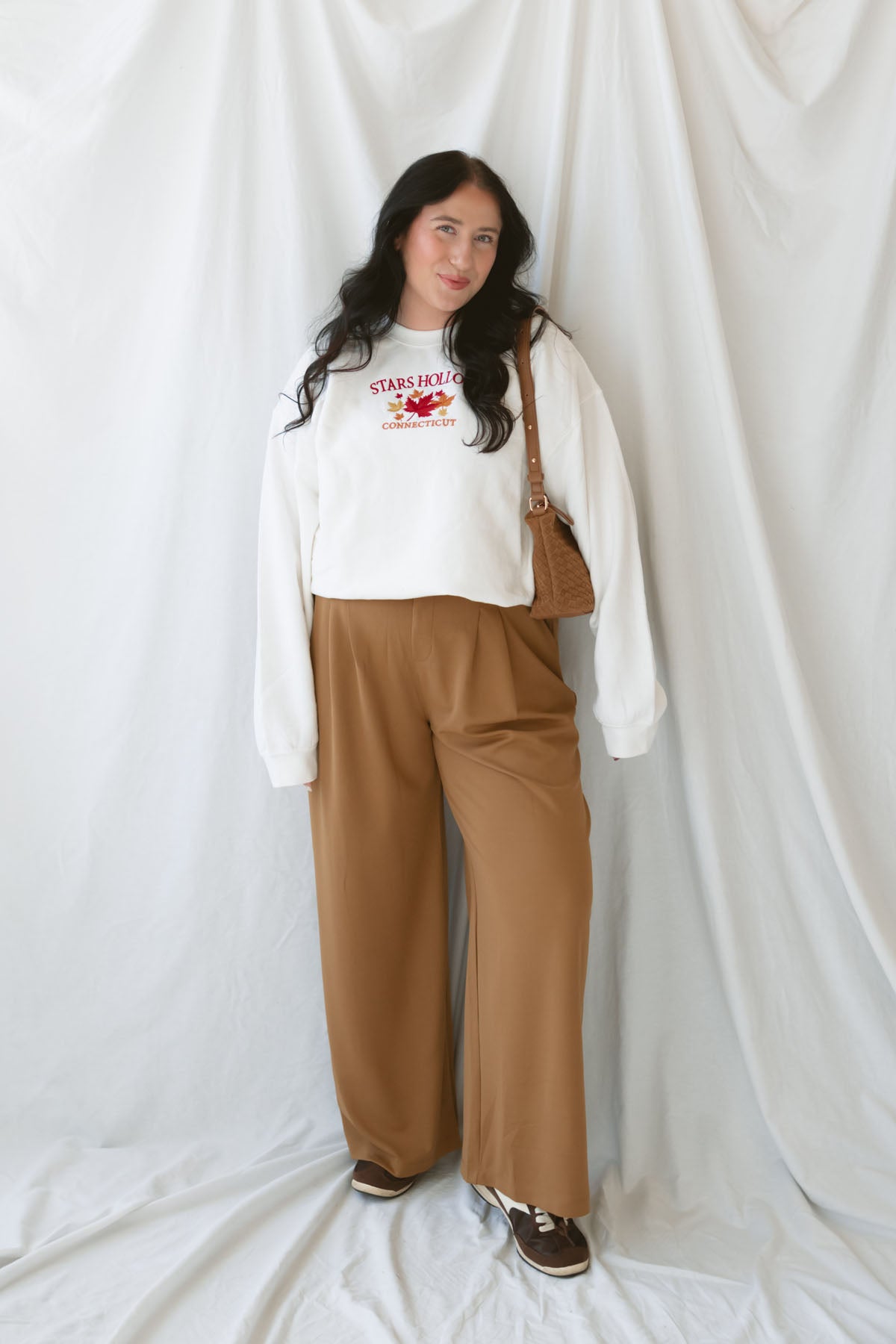 Model wearing the wide leg micro waffle textured pants. 