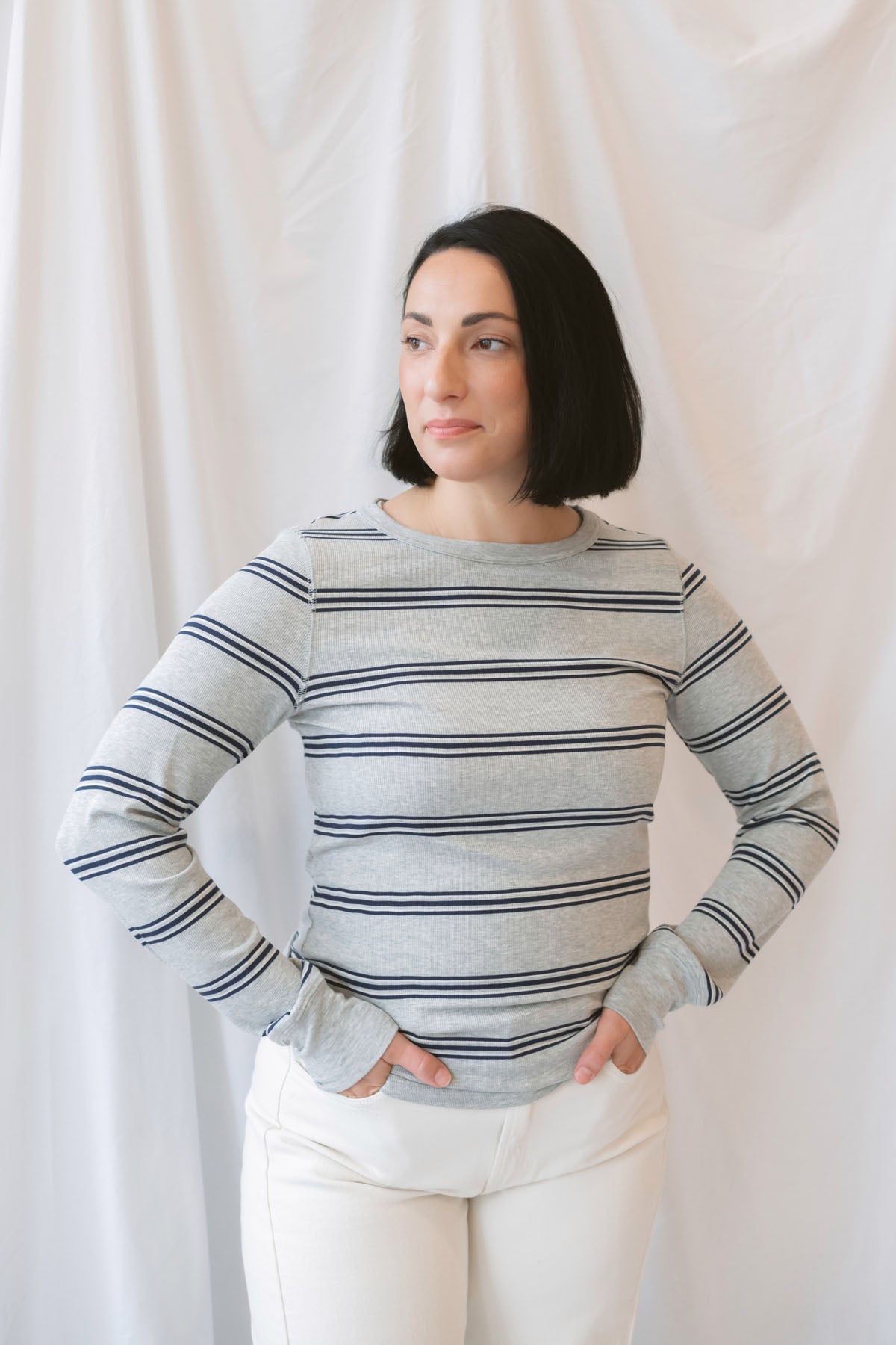 Stacy women's top in Grey Multi Stripe featuring a neutral striped pattern in grey tones.