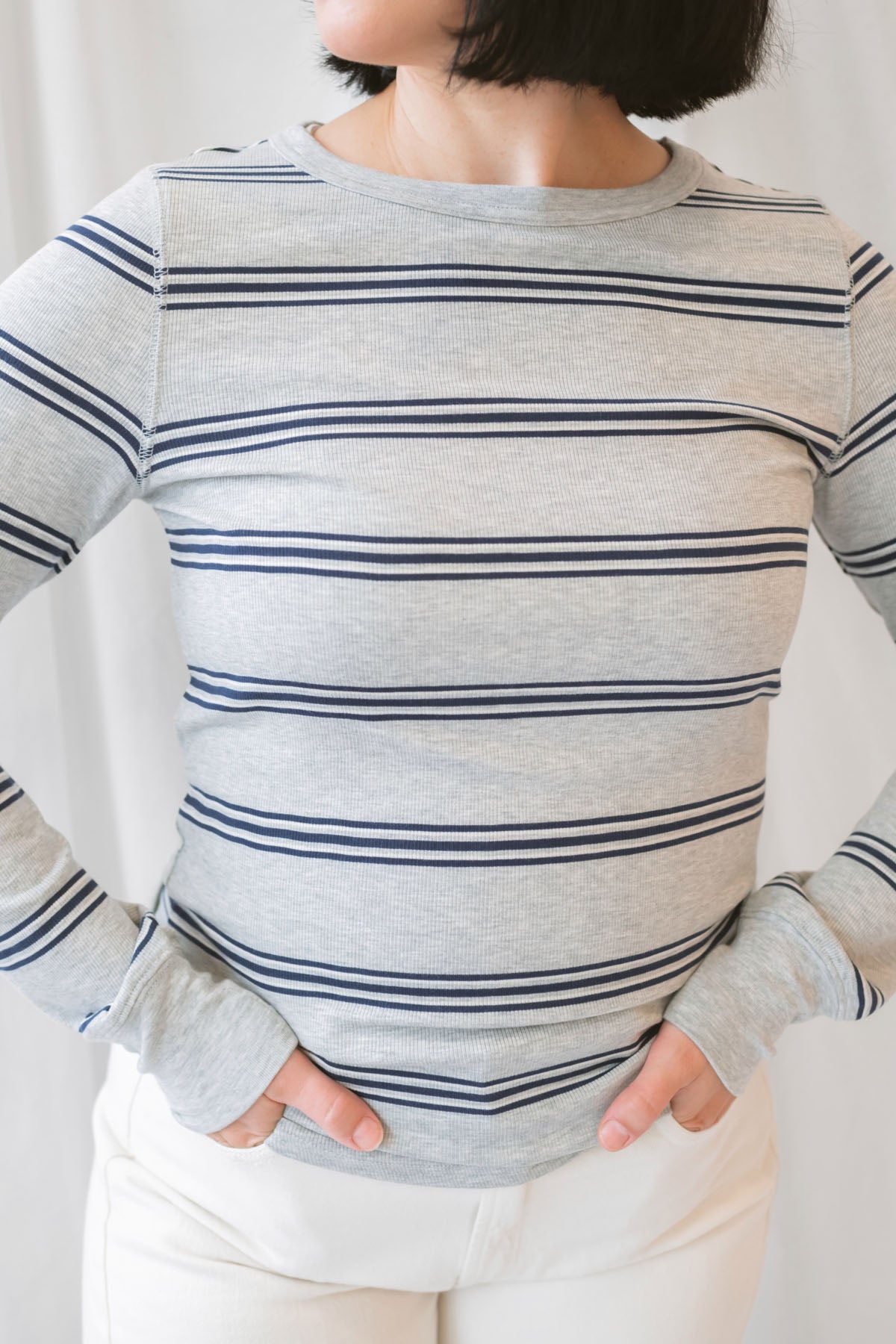 Stacy women's top in Grey Multi Stripe featuring a neutral striped pattern in grey tones.
