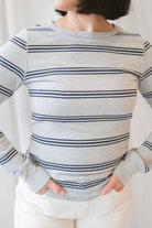 Stacy women's top in Grey Multi Stripe featuring a neutral striped pattern in grey tones.