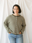 Model wearing striped full button cardigan. Styled fully buttoned up with a pair of classic denim. 
